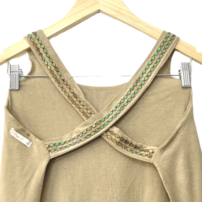 Blusa Duplo Sentido Bege Lisa com Paetês e Costas Nuas P - Imagem 4