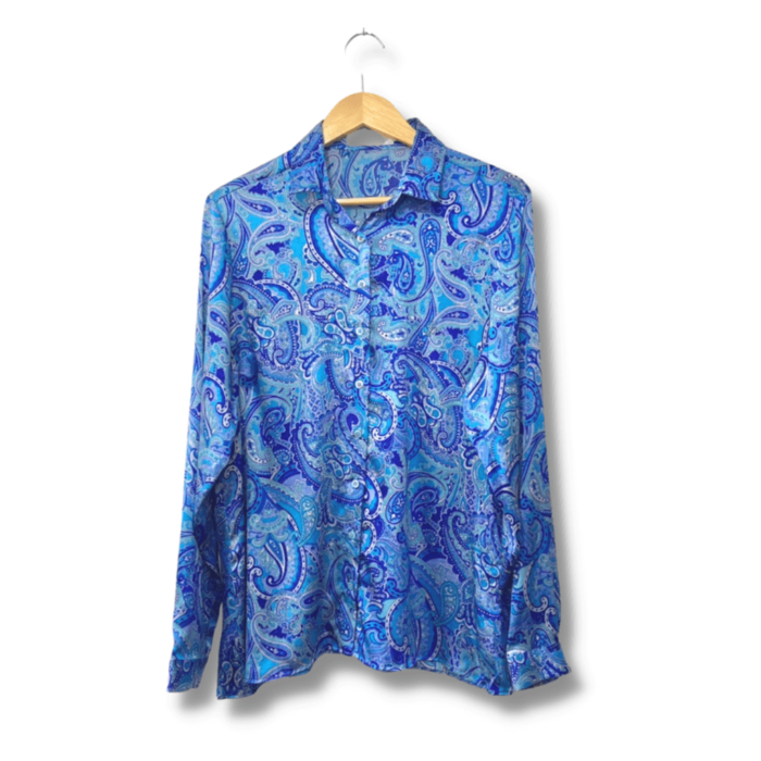 alt="Camisa Dudalina Azul Cetim Estampa Paisley Referência 0013 Tamanho 44"