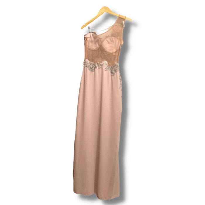 Vestido longo festa Yeda Nolasco Rosa Bebê Apliques Flores Canutilhos Pérolas M - Imagem 7