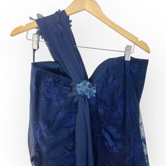 Vestido longo festa Danilo Vestfesta Azul Marinho Renda Liso Paetês Flores Cetim 44 - Imagem 5